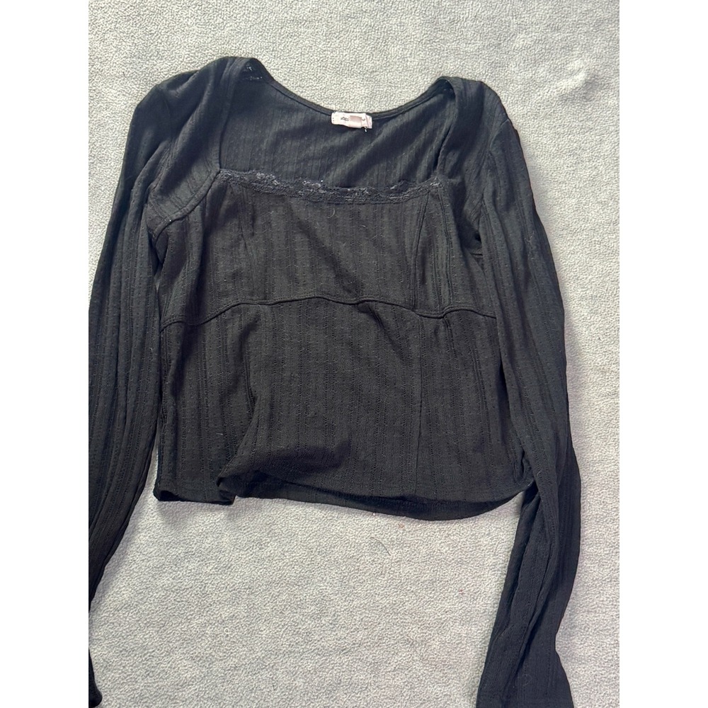 Stitch & Pine Black Ribbed Lace Trim Square Neck Long Sleeve Top XL